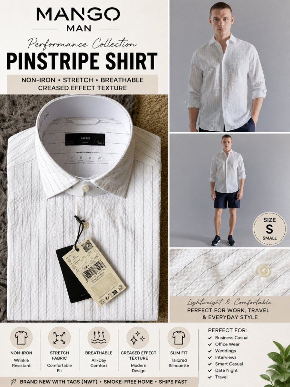 NWT Mango Man Performance Creased Effect Pinstripe Button-Up Shirt – Size Small